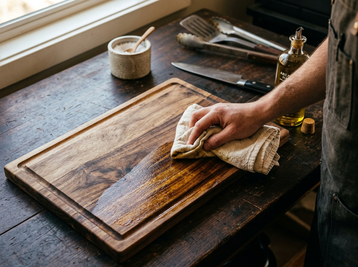 Manos aplicando aceite a una tabla de madera con un trapo de algodón
