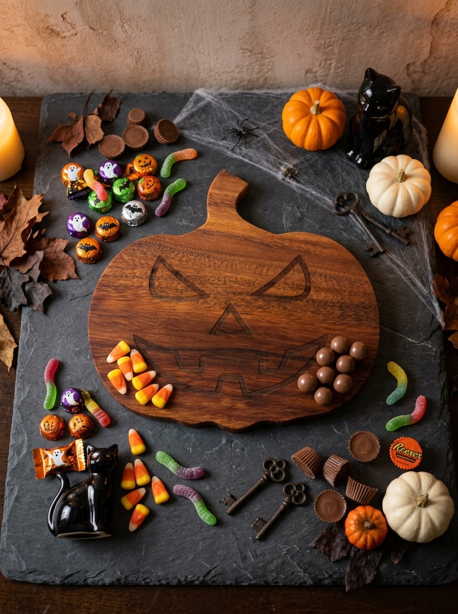 Tabla Jack-o’-lantern sirviendo dulces de Halloween sobre una base de pizarra