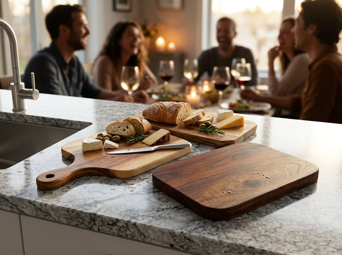 Tablas de madera PARRALL con quesos y pan sobre una barra de cocina, con amigos brindando al fondo