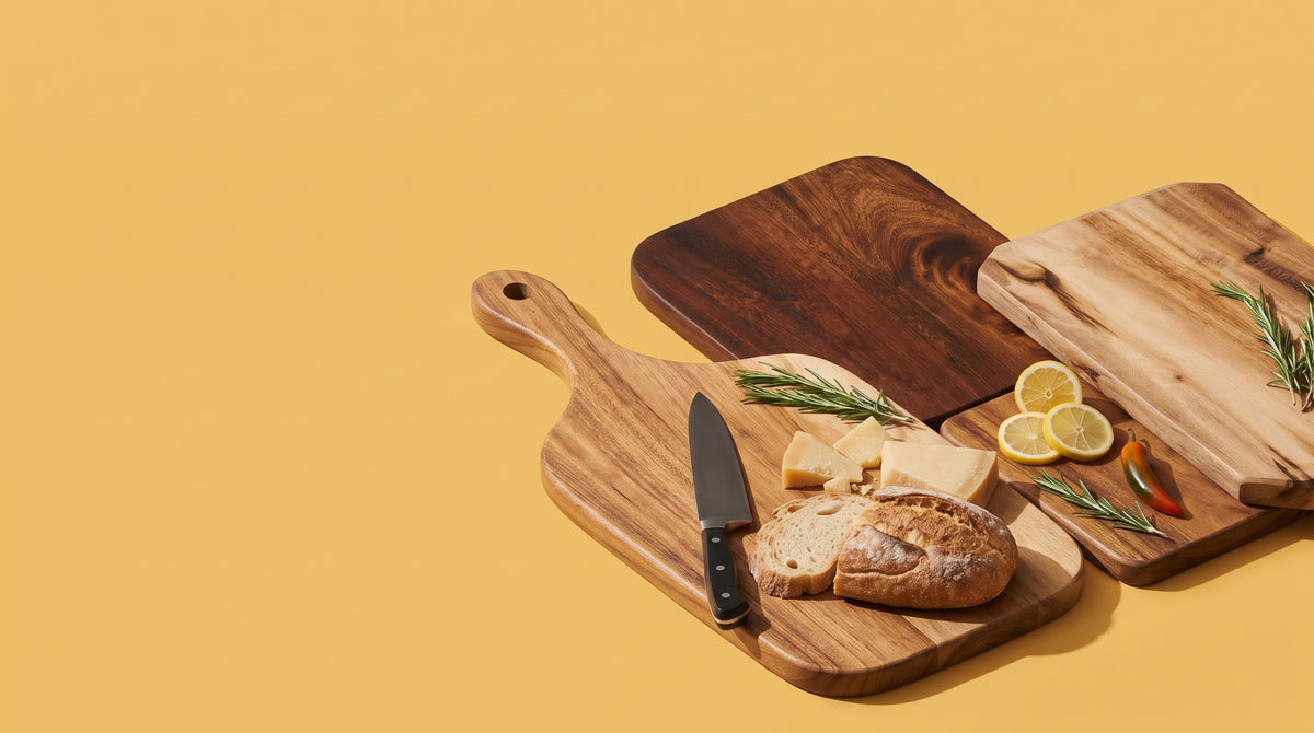 Tablas de madera Parral sobre fondo mostaza con queso, pan y limón