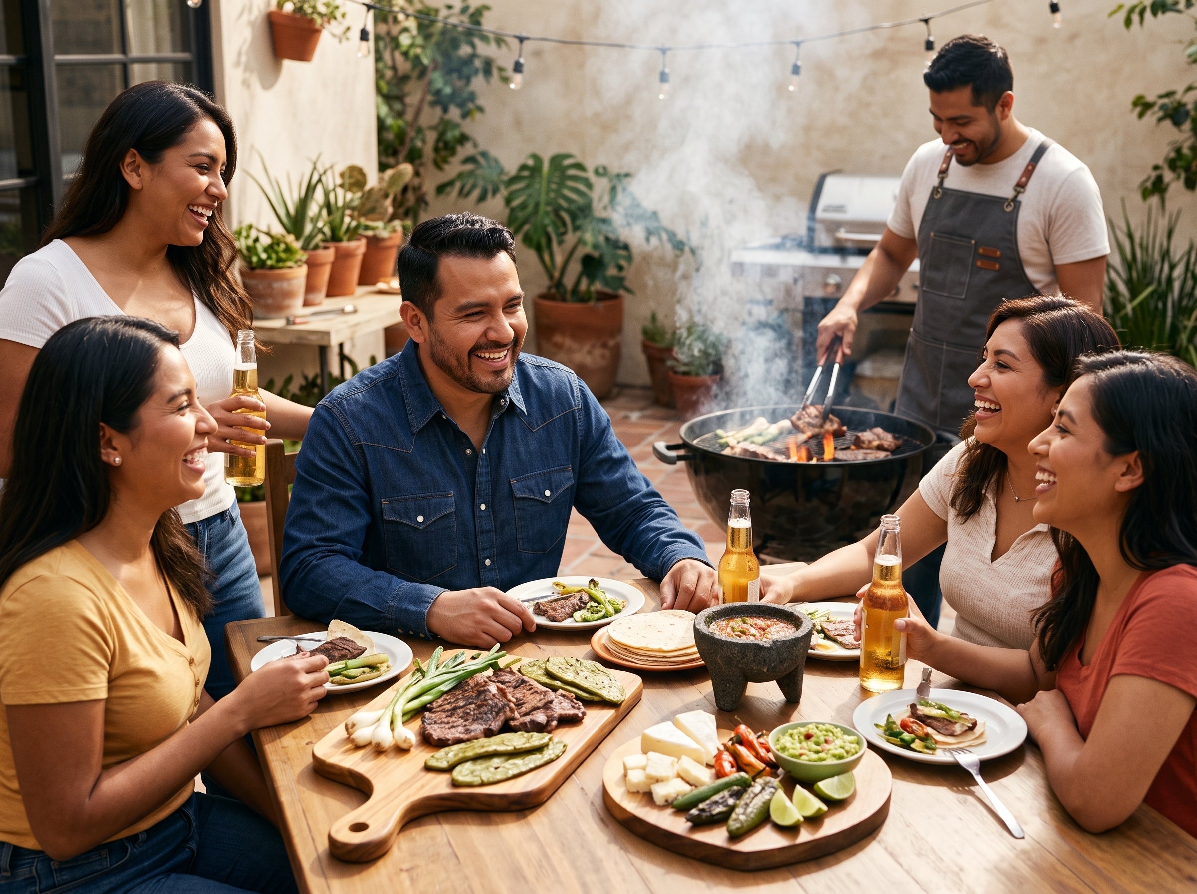 Amigos compartiendo un asado en el patio con productos Parral